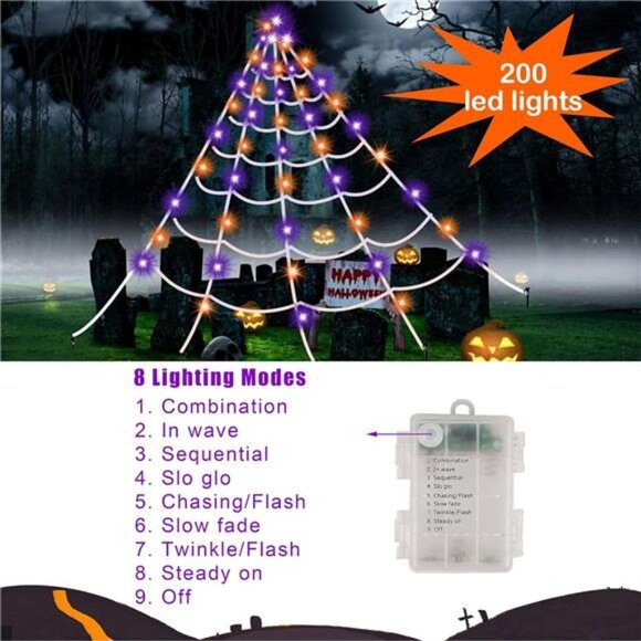 200 LED Giant Spider Web Lights, 19.7ft x 16.4ft Halloween Spiderweb with Lights - Picture 4 of 7